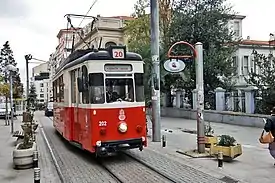 Top: Two heritage trams on the European side, on the Taksim-Tünel (T2) Nostalgia Tramway.Bottom: Istanbul 202 (ex-Jena 102) on the Asian side, on the T3 circular nostalgia tramway.