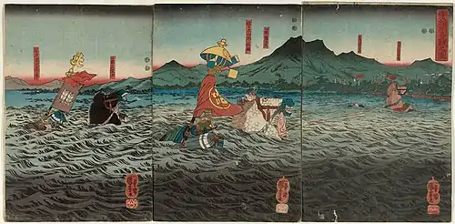 Kajiwara Kagesue, Sasaki Takatsuna, and Hatakeyama Shigetada racing to cross the Uji River before the second battle of Uji during the Genpei War