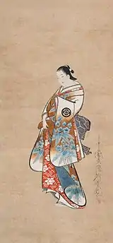 Standing portrait of a courtesanInk and colour painting on silk, Kaigetsudō Ando, c. 1705–10