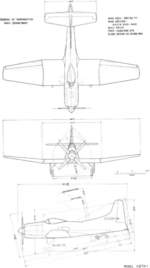 3-view line drawing of the Kaiser-Fleetwings XBTK-1