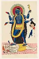 Kali, the deviant goddess, dancing on Shiva.