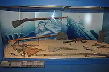 Photograph of preserved musket stocks and other remains of firearms in a display case