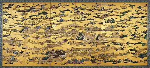 Rakuchū rakugai zu byōbu (洛中洛外図屏風, Views in and around Kyoto, left panel), Yonezawa City Uesugi Museum, National Treasure.