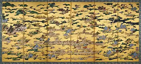 Rakuchū rakugai zu, a 16th century depiction of central Kyoto including Gion Matsuri floats (center) and Kiyomizu-dera (upper right)