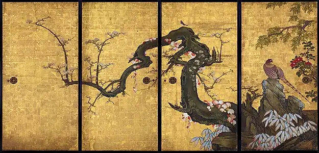 Frolicking Birds in Plum and Willow Trees, painted on four sliding doors, originally for a room at Myōshin-ji temple in Kyoto. 1631. Important Cultural Property.