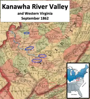map of Western Virginia in 1862 including the Kanawha River, which flows past Charleston to the Ohio River
