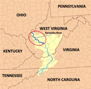 map of Kanawha River and surrounding states showing the Kanawha River in West Virginia flowing northwest to the Ohio River and border of the state of Ohio