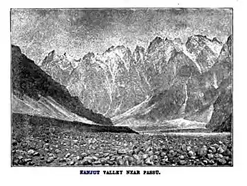 An illustration of the Kanjut valley in E.F. Knight's "Where Three Empires Meet,"  published in 1905, 2nd Edition.