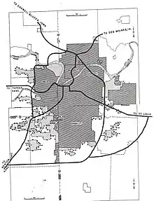 A 1955 map showing the planned freeways through Kansas City