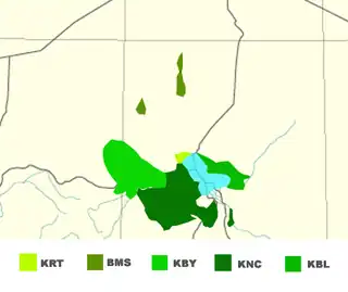 Extent of the five main Kanuri language groups today.