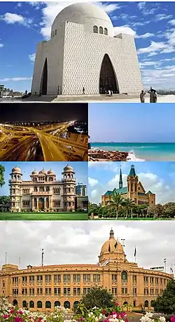 Clockwise from top: Mazar-e-Quaid; Hawke's Bay Beach; Frere Hall; Karachi Port Trust Building; Mohatta Palace; and Port of Karachi