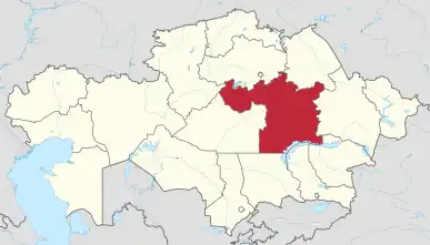Map of Kazakhstan, location of Qarağandy Region highlighted