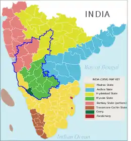 Map of southern India before the reorganisation of 1956 with the blue outline of the expanded Mysore State (after 1956)