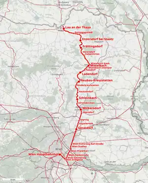 Map depicting the route of the Laaer Ostbahn