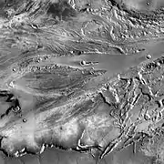 View showing putative cataracts in the Kasei Valles southwest of Sharonov (detail from THEMIS mosaic).