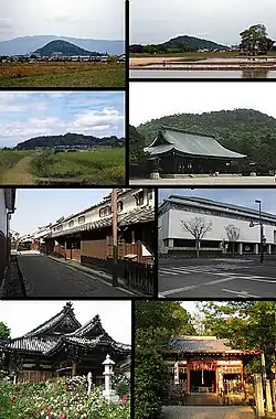 Left: Mount Unebi, Mount Amanokaga, Imai heritage old house site, Ofusa Kannon Temple,Right: Mount Miminashi, Kashihara Shrine, Kashihara Archaeological, Institute, Unebi-yamaguchi Shrine (all item from above to bottom)