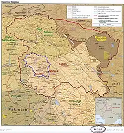 Srinagar lies in the Kashmir division (neon blue) of the Indian-administered Jammu and Kashmir (shaded tan) in the disputed Kashmir region.             =