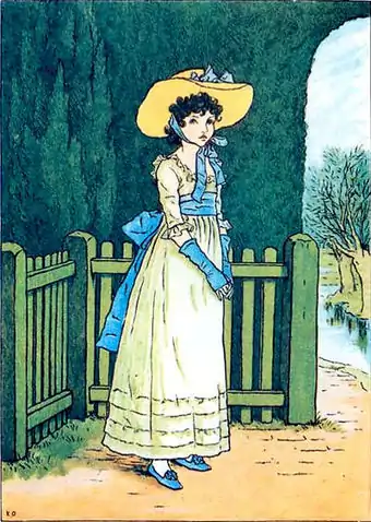 illustration of a young woman dressed in a white ruffled dress with a large sash tied in a bow wearing a large brimmed hat against a background of a garden fence tall hedges and stream