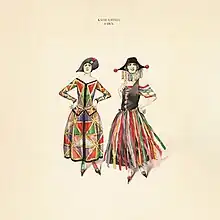 A drawing of two women in colorful clothing