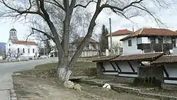 The water tap in the centre of village Katrishte (Bulgaria) and the church "Saint Dimiter"
