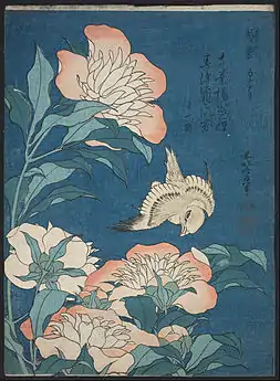 Peonies and CanaryKachō-ga by Hokusai, c. 1834