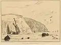 A drawing of 'Kemaes Head' as viewed from the sea, by William Daniell, 1815