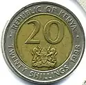 Face of coin showing figure 20 and the coat of arms of Kenya, surrounded by the words REPUBLIC OF KENYA, TWENTY SHILLINGS