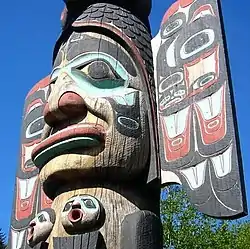 A totem pole in Ketchikan, Alaska, in the Tlingit style.