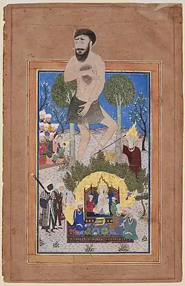 Musa va 'Uj, a painting showing Muhammad veiled, surrounded by his successors, and enclosed in a flaming nimbus, 1460s