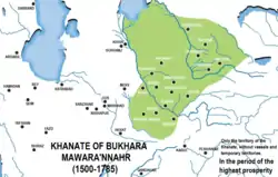 The Khanate of Bukhara (green), c. 1600.