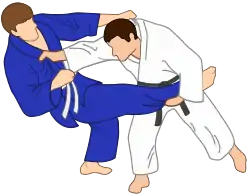 Illustration of Kibisu-gaeshi (One-hand reversal) Judo throw.