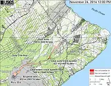 A map showing the flow direction of the June 27th Lava Flow (as of 11/24/14).