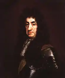 Head and shoulders portrait of Charles with heavy jowls. He wears a wig of long black curls and a suit of armour.