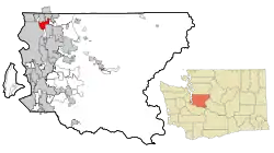 Location of Juanita within King County, Washington, and King County within Washington.