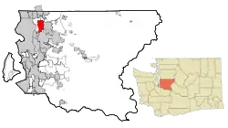 Location of Kirkland within King County, Washington, and King County within Washington