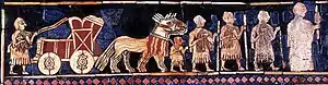 King at war leading soldiers and war chariot Standard of Ur.jpg