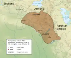 The Kingdom of Adiabene in c. 37 AD at its greatest extent, during the reign of Izates II