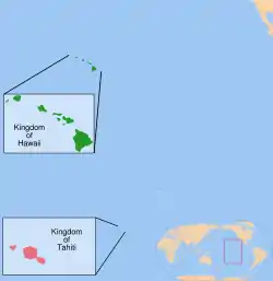 Map indicating locations of Kingdom of Hawaii and Kingdom of Tahiti