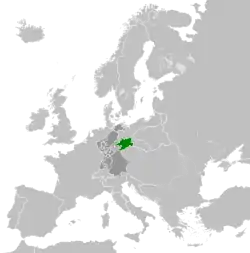 The Kingdom of Saxony in 1812 (green), within the Confederation of the Rhine (dark grey)