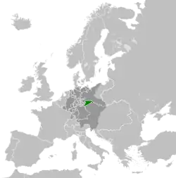The Kingdom of Saxony in 1815 (green), within the German Confederation (dark grey)