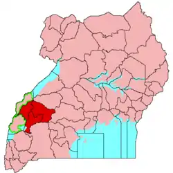 Location of the Tooro Kingdom (red)in Uganda (pink)