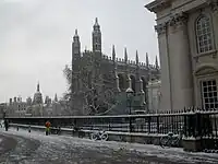 King's College Chapel in the snow from the north of King's Parade.