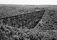 A black and white aerial photo of the Kinzua Bridge crossing the valley