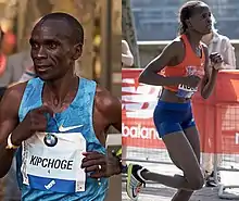 Left: Black man in a light blue top. Right: Black woman in an ornage top and blue shorts running.