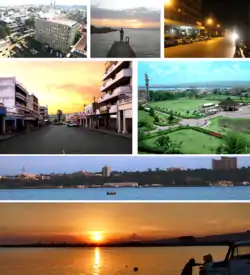 Clockwise from top: Central business district, Lake Victoria, Jomo Kenyatta Sports Ground.