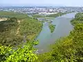 The Waga River (left) empties into the Kitakami River on the south side of Kitakami City. View from Otoka-yama