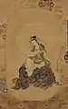 Monju on a Lion, hanging scroll by Kiyohara Yukinobu (1643-1682)