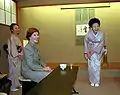 Kiyoko Fukuda and Laura Bush following a lunch and tea ceremony at Akasaka Palace, Minato, Tokyo on 18 February 2002.