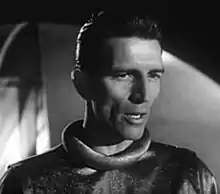 Still frame from the trailer for the 1951 film The Day the Earth Stood Still, showing the character Klaatu