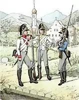 Bavarian infantry after the reform of 1790, wearing leather helmets designed by Lord Rumford, therefore also known as "Rumford-Kasket".